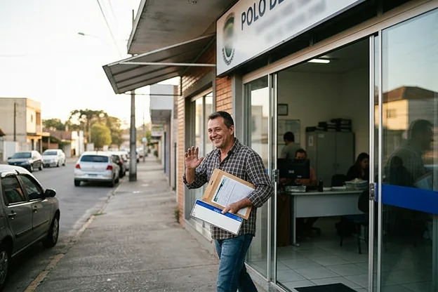 Cliente satisfeito saindo de um despachante, carregando documentos e sorrindo.
