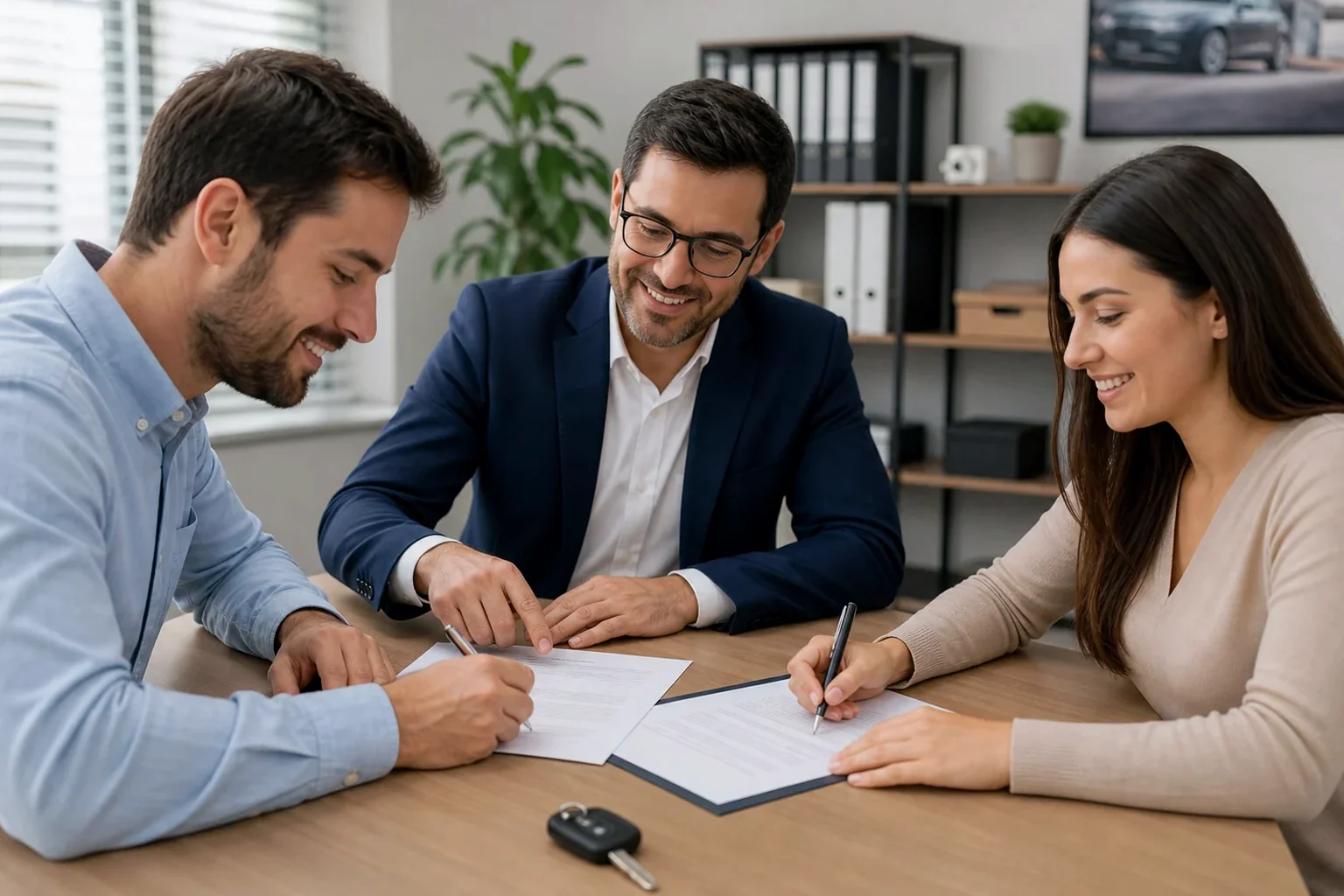 Despachante auxiliando cliente na transferência de veículo, com documentação na mesa.