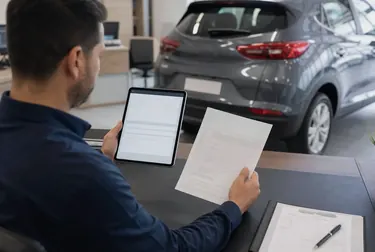 Despachante checando documentos de licenciamento em um ambiente de trabalho.