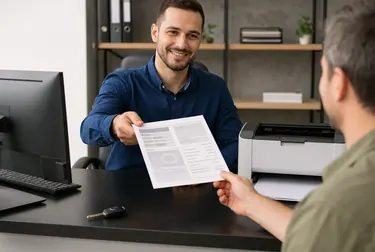 Despachante imprimindo o CRLV-e através de uma impressora em um ambiente de trabalho.