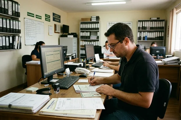 Despachante revisando documentação para o licenciamento de veículo em um ambiente de trabalho.